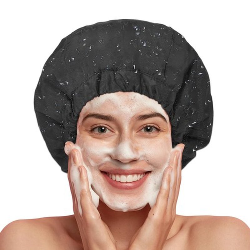Shower Cap for Women Black Bath Cap, Reversible Large Waterproof Adjustable Shower Caps Terry Lining & Elastic Band Stretch Hem Hair Hat