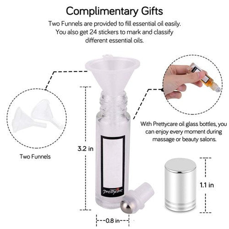PrettyCare Essential Oil Roller Bottles 10ml (Clear Glass Bottle with Silver Cap, 12 Pack, 2 Extra Stainless Steel Balls, 24 Labels, Opener, Funnels Roller Balls for Oils, Roller on Bottles