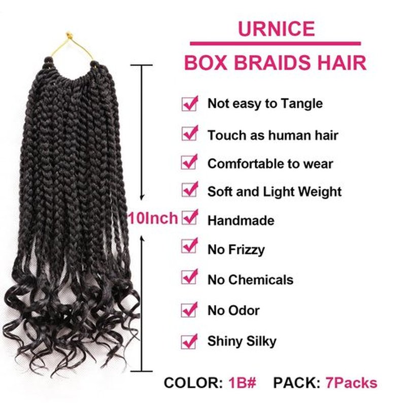URNICE 7 Packs 10 Inch Crochet Box Braids Hair with Curly Ends Prelooped Goddess Box Braids Crochet Hair Braiding Hair Crochet Braids Hair for Black Women (10 Inch ( Pack of 7 ), 1B#)