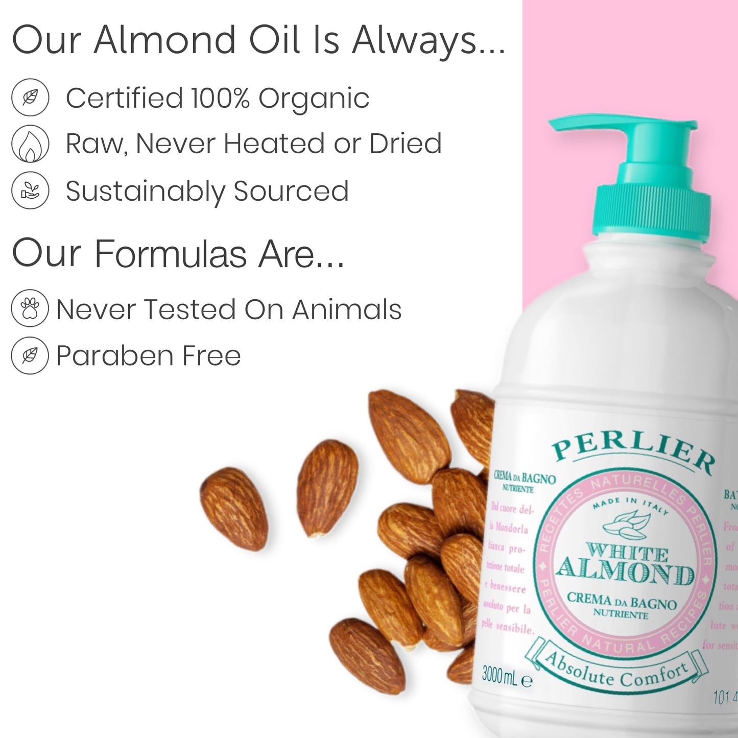 Perlier – White Almond Bath & Shower Cream, 101.4 oz, Gentle Cleanser for Delicate Skin, Deep Moisturizing Formula, Almond Scent, Soothing & Nourishing, Supports Skin Elasticity
