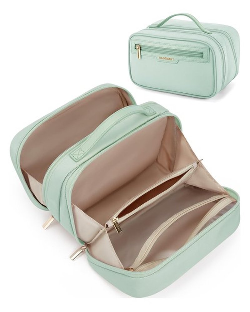 BAGSMART Travel Makeup Bag Large Capacity Cosmetic Bag, Wide-open Portable Make Up Bag Organizer for Women for Travel Essentials Travel-Size Toiletries Accessories Bottles, Brushes (Green)
