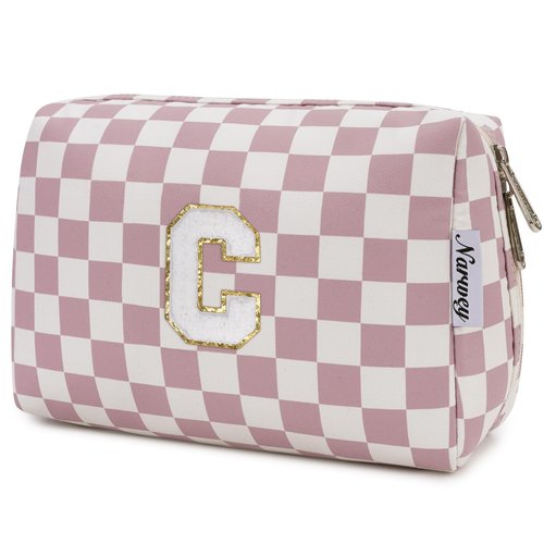 Narwey Personalized Initial Makeup Bag Toiletry Bag Gifts for Women Girls Large Checkered Makeup Bag Zipper Pouch Travel Cosmetic Bag Organizer for Women (Dusty Rose Checkerboard Letter C)
