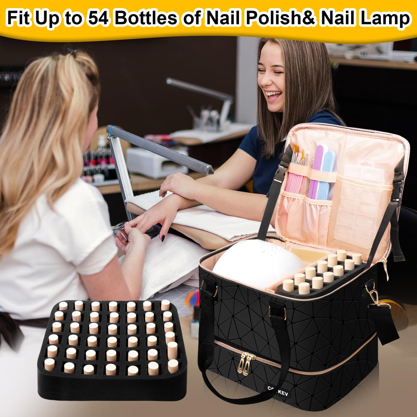 Covkev Nail Polish Organizer Hold 54 Bottles (15ml/0.5 fl.oz), PU Leather Nail Lamp Kit Supplies Organizer Bag Travel, Double Layer Nail Organizers and Storage Case with Holder& Shoulder Strap (Black)