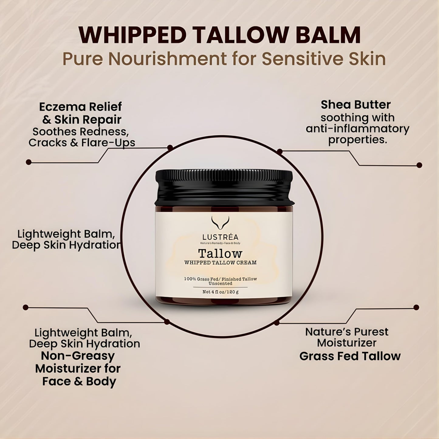 Whipped Tallow Cream for Face & Body 4oz (120g) Vanilla Lavender | | Grass Fed Beef Tallow Face Cream | Hydrating Face Cream for Sensitive Skin | Non-Greasy Skin Moisturizer | Multi-Use Body Balm