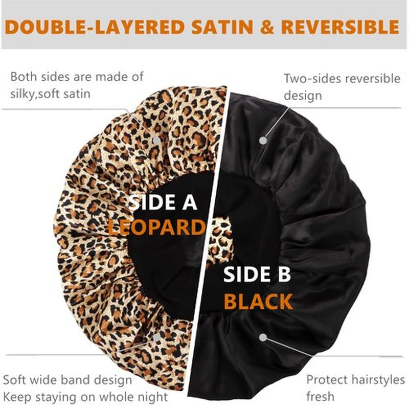 Bonnet for Men,Hair Bonnet for Sleeping,Double Layer Satin Bonnets for Black Women Curly Hair Braids,Reversible Sleep Cap (Large,Black/Leopard)