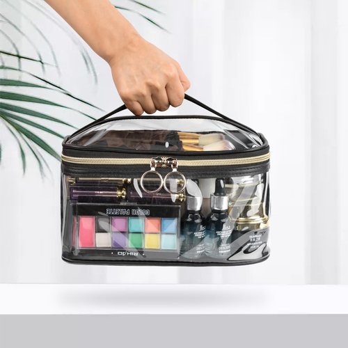 OCHEAL Makeup Bag, Clear Makeup Organizer Bag Portable Cosmetic Bag, Cute Transparent Makeup Case For Women and Girls traveling Storage with zipper Divider Brush Compartment-Black