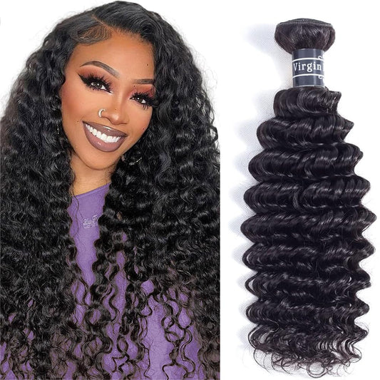 Amella Hair Brazilian Deep Wave Hair Bundles 22Inch 100% Unprocessed 1 Bundle Deep Wave Hair Weave Bundles Deep Curly Human Hair Bundles Natural Color