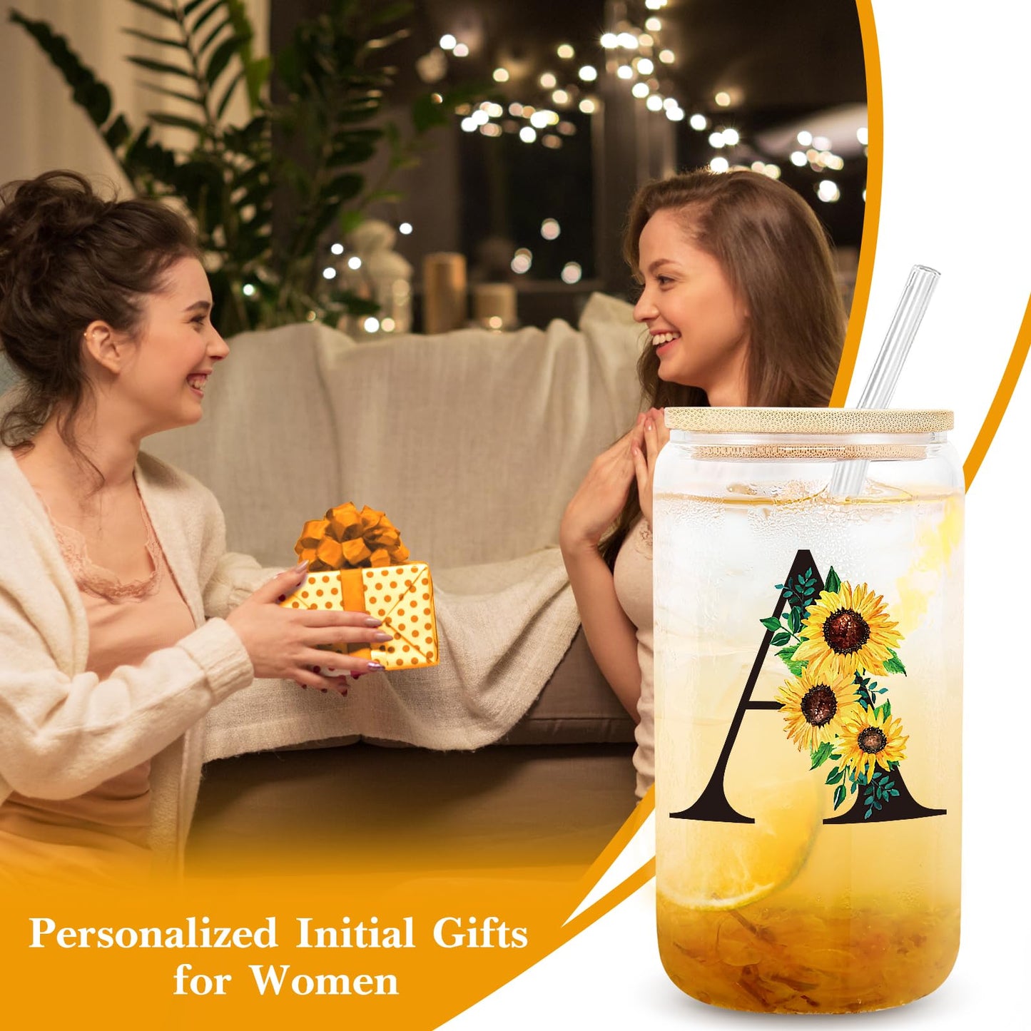 Frerdui Birthday Gifts for Women, Initial Glass Cups w Lids and Straws, Sunflower Gifts for Women, Personalized Gift, 16oz Glass Tumbler Cups W/Straw Lid, Monogrammed Mothers Day Gift for Her Mom - A