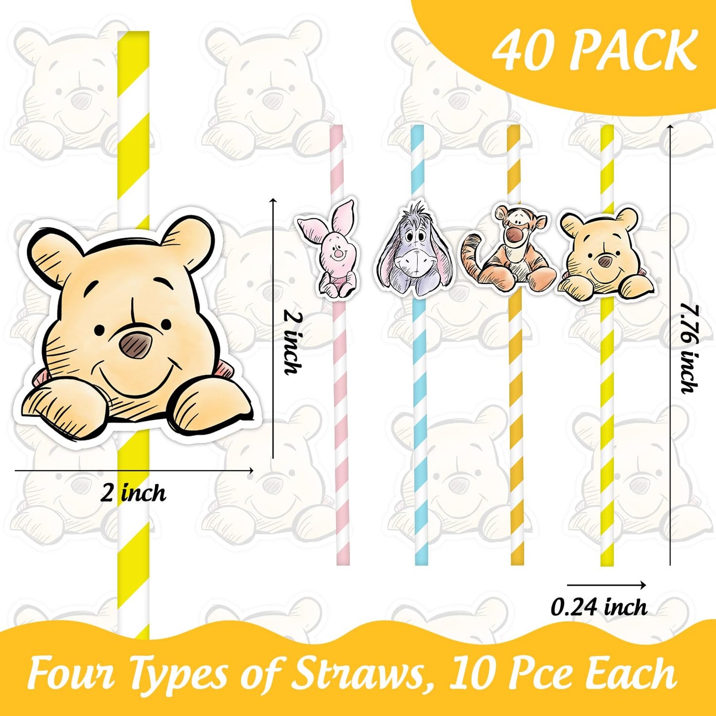 40 Pcs Winnie Baby Shower Decorations, Pooh Party Decorations, The Pooh Baby Shower Decor, Winnie Striped Paper Straws Disposable Drinking Straws, Bear Straws for Wedding Birthday New Year Party