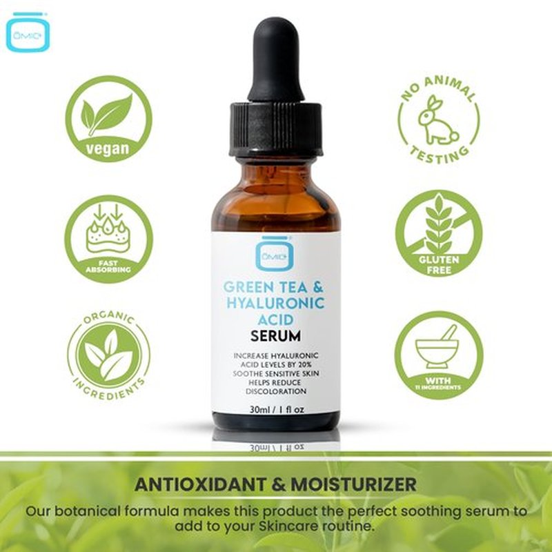 Omic, Green Tea & Hyaluronic Acid Serum for Face – 1 fl oz / 30 ml - Acne Spot Remover, Reduce Wrinkles, Helps to Hydrayein Skin, Anti-aging Serum