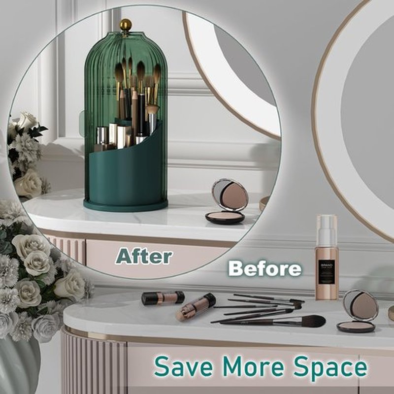 GAXmi Makeup Brush Holder with Lid Cosmetic Tools Organizer 360 Rotating Waterproof Dustproof Makeup Brushes Storage for Vanity, All Green