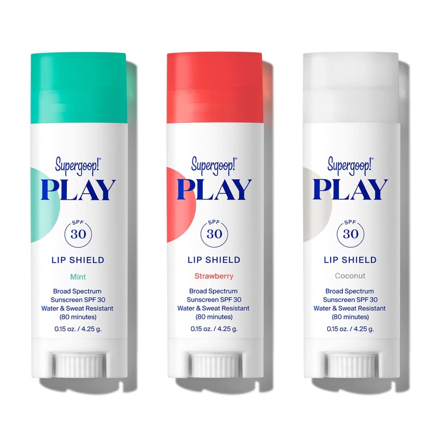 Supergoop! PLAY Lip Shield SPF 30 with Mint, Strawberry & Coconut - 3 Pack - Lip Balm - Moisturizing Treatment For Dry Cracked Lips - Broad Spectrum UV Protection