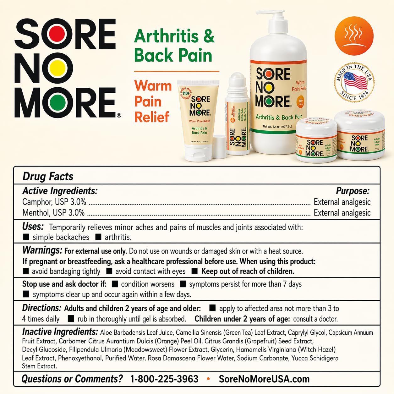 Sore No More Arthritis Pain Reliever Cream – Targeted Warm Relief for Back, Neck, Hands & Feet – Soothing & Fast-Acting Formula for Aches and Pains – Non-Greasy with Orange Aroma – 4 oz