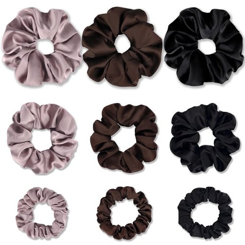 Gwabee 9 Pack Satin Hair Scrunchies for Women, Soft Scrunchie Hair Ties No Damage - Ideal Ponytail Holders for Curly Thick Hair, 3 Sizes Scrunchies Accessories Set for Women Girls-Black, Brown, Purple