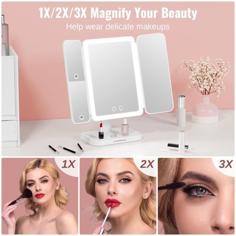 EASEHOLD Makeup Mirror Vanity Mirror with Lights, 2X 3X Magnification, 2200 mAh Rechargable, Lighted Makeup Mirror, Touch Control, Trifold Makeup Mirror, Gifts for Girls & Women