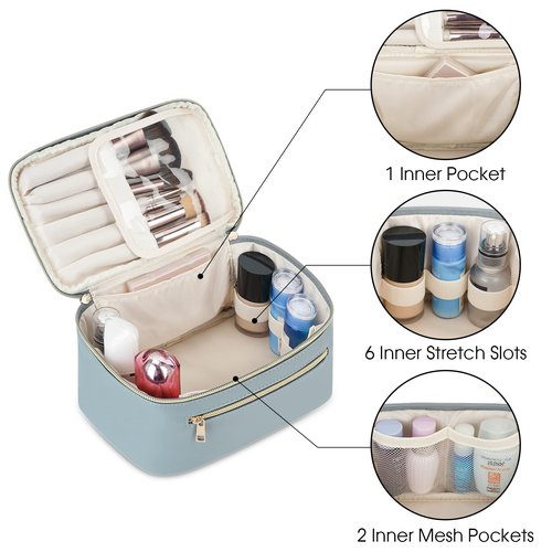 Wandering Nature Makeup Bag, Travel Make Up Organizer Cosmetic Brush Bags Case for Women in Vegan Leather, Grayish Blue(Patent Pending)