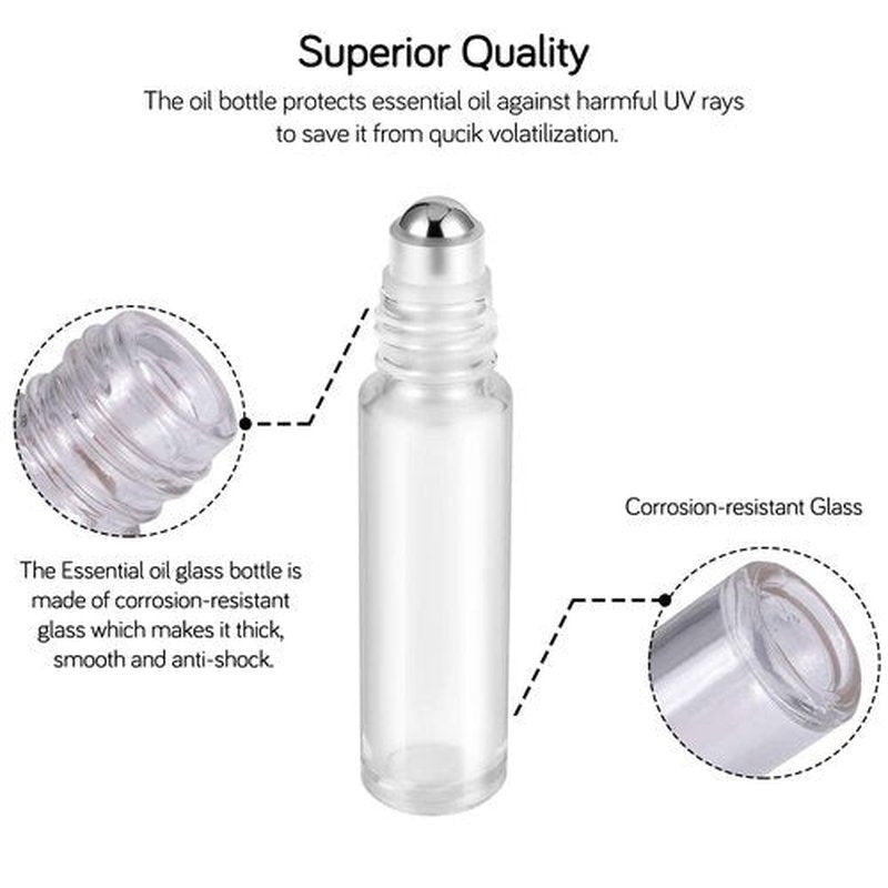 PrettyCare Essential Oil Roller Bottles 10ml (Clear Glass Bottle with Silver Cap, 12 Pack, 2 Extra Stainless Steel Balls, 24 Labels, Opener, Funnels Roller Balls for Oils, Roller on Bottles