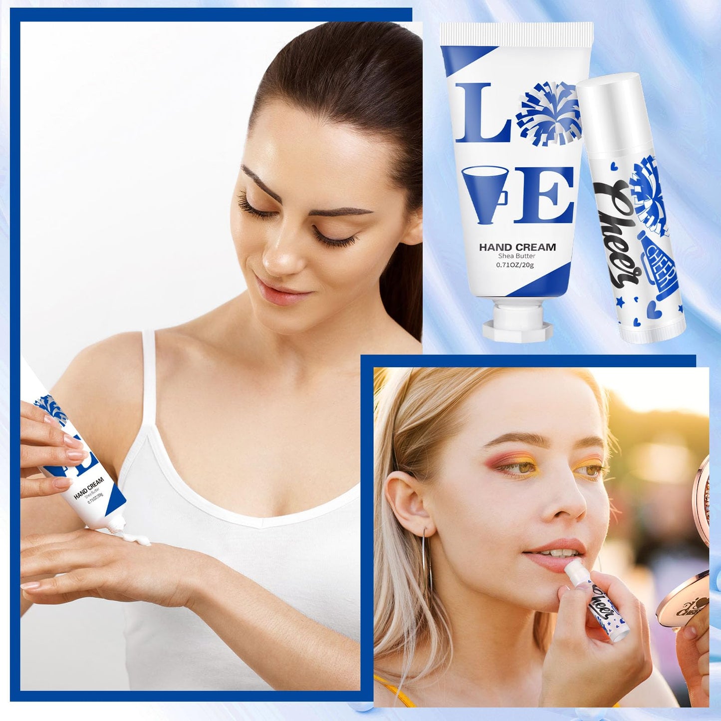Heigble 144 Pcs Blue Cheer Lip Balm Hand Cream Set Party Favors Cheer Teams Camp Gifts Include 36 Lip Balm 36 Moisturizing Hand Cream 36 Bags 36 Cards and Ropes for Guest Party Supplies Accessories