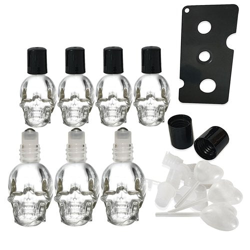MINELEVEN 7 pcs Set 10ml Mini Skull Glass Oil Roller Bottles Leakproof Essential Oils Bottle for Storage and Travel (transparent)