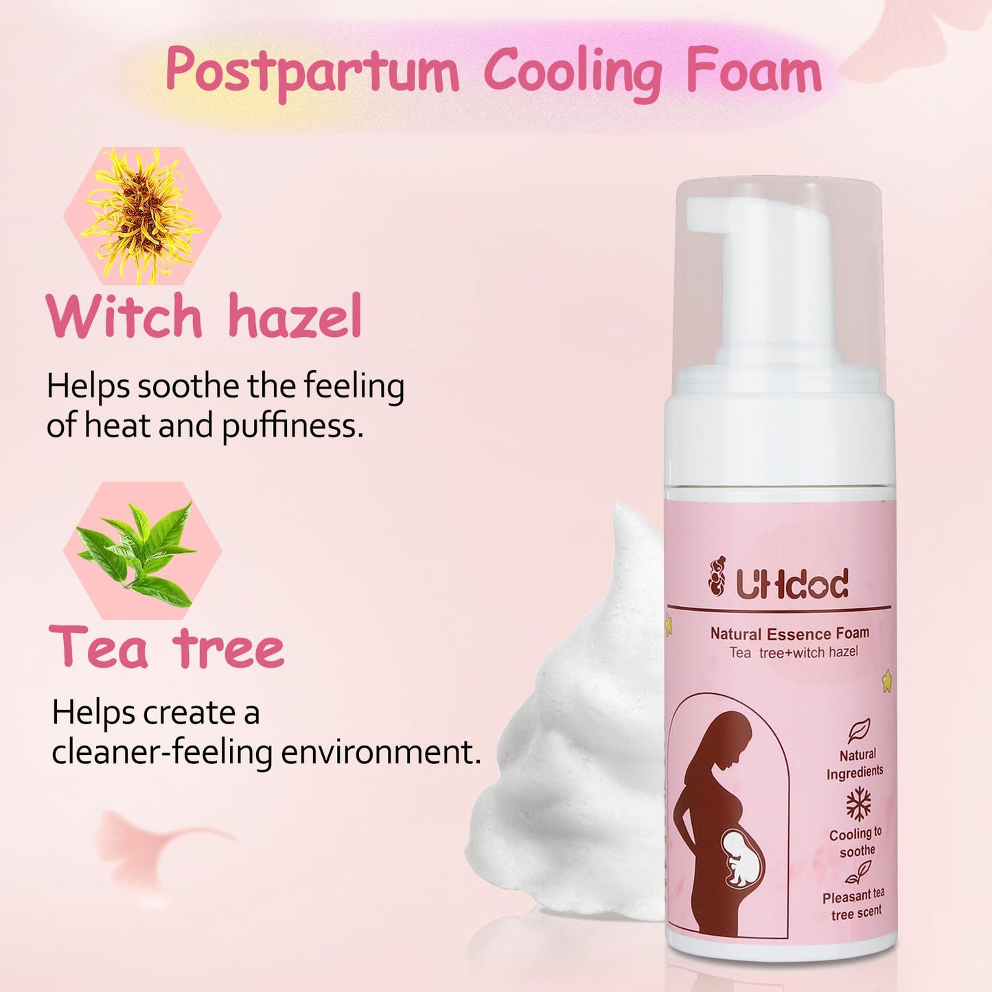 UHdod Witch Hazel Perineal Soothing Foam & Perineal Cooling Pad Liners for Postpartum Care - Postpartum Essentials Recovery Kit Includes 5 Fl Oz Witch Hazel Foam, 36 Perineal Cooling Pad Liners