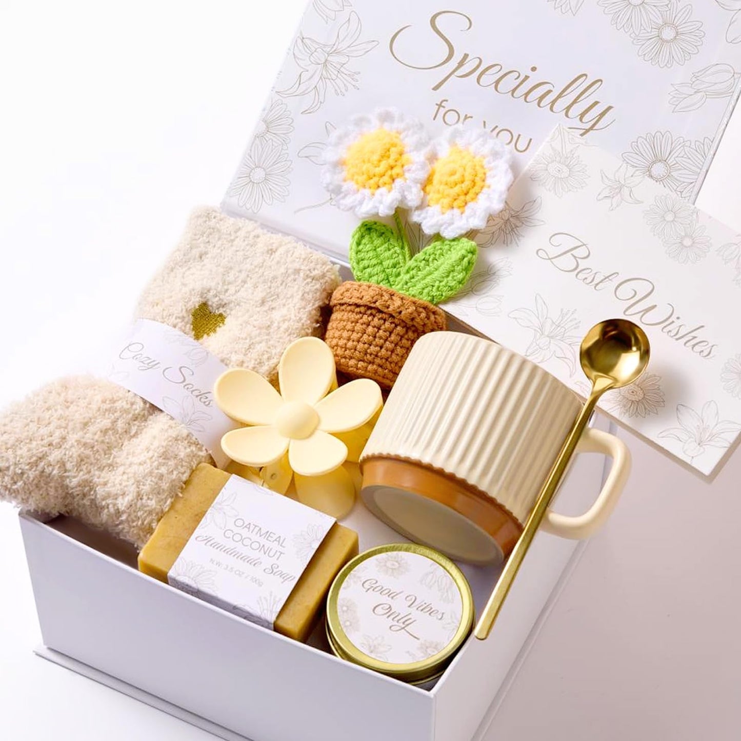 ENJOLLY 8PCS Birthday Gifts Box for Women Care Package Baskets for Women Hug in a Box Self Care Get Well Soon Gift Set for Mom Wife Girlfriend Sister Friends (White)