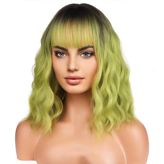 BERON 14 Inches Green Wig with Dark Roots Short Curly Wig Ombre Green Wigs with Bangs for Women Girls