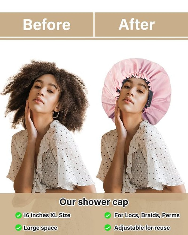 Aquior Shower Cap,Extra Adjustable Shower Caps for Women Double-Layer Waterproof Reusable Hair Cap, Large Size Hair Cap for All Hair,for Girls Spa Bath,Soft and Comfortable (Pink)