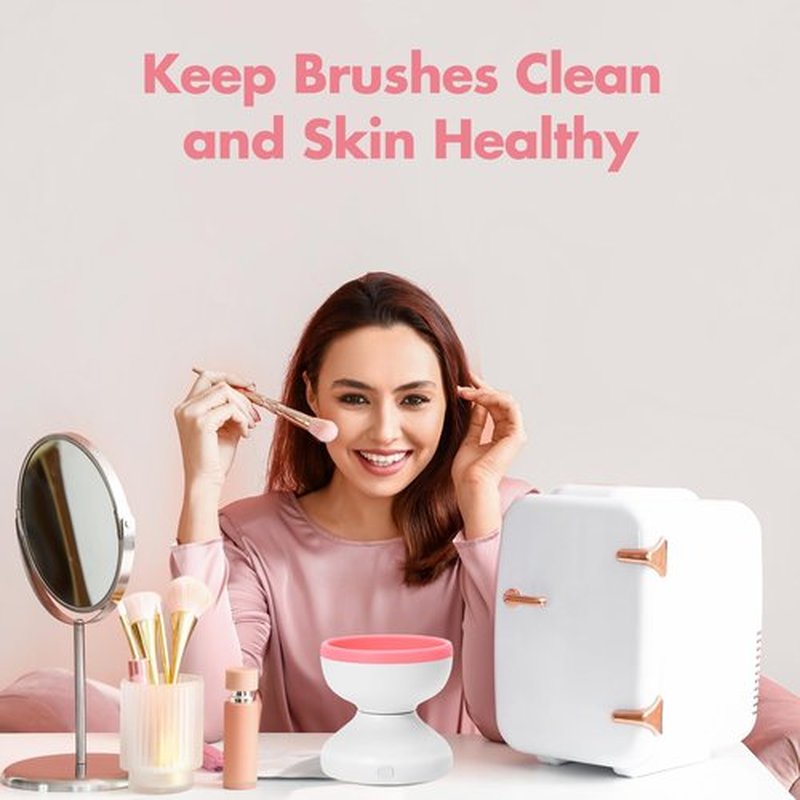 Reiyu Makeup Brush Cleaner Machine, Electric Makeup Brush Cleaner, Automatic Spinning Make Up Brush Cleaner Fit for All Size Makeup Brush（WhitePink）