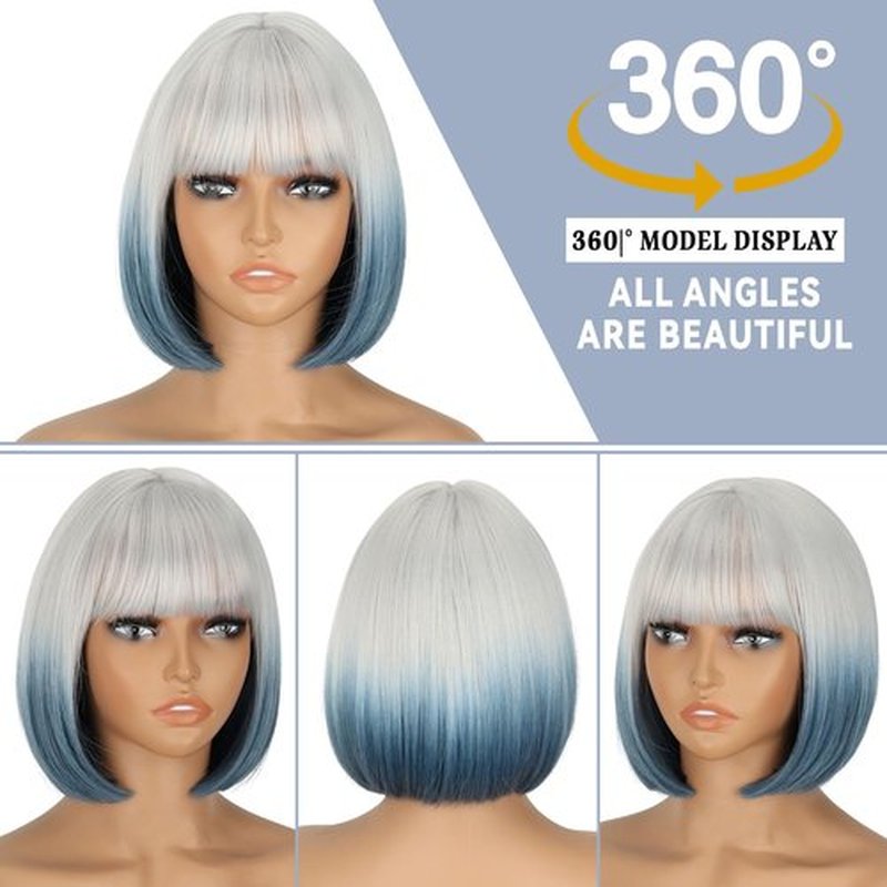 WERD Short Blue Bob Wig for Women Blue Wig with Bangs Synthetic Hair Light Blue Bob Wig for Daily Party Cosplay（Grey to Blue）