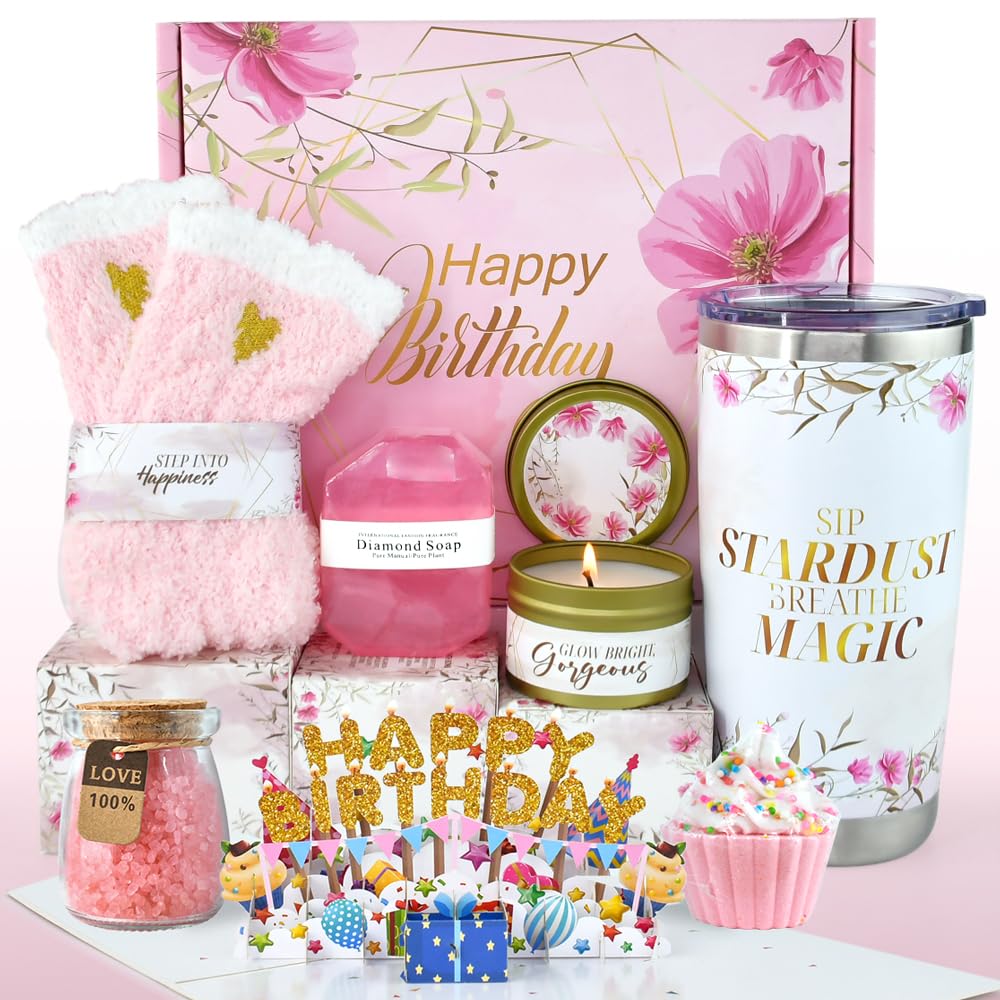 Birthday Gift Box Set for Women. Spa and Self Care Package with Tumbler, Bath Accessories, Scented Candle, Cozy Socks.
