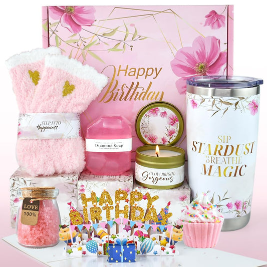 Birthday Gift Box Set for Women. Spa and Self Care Package with Tumbler, Bath Accessories, Scented Candle, Cozy Socks.