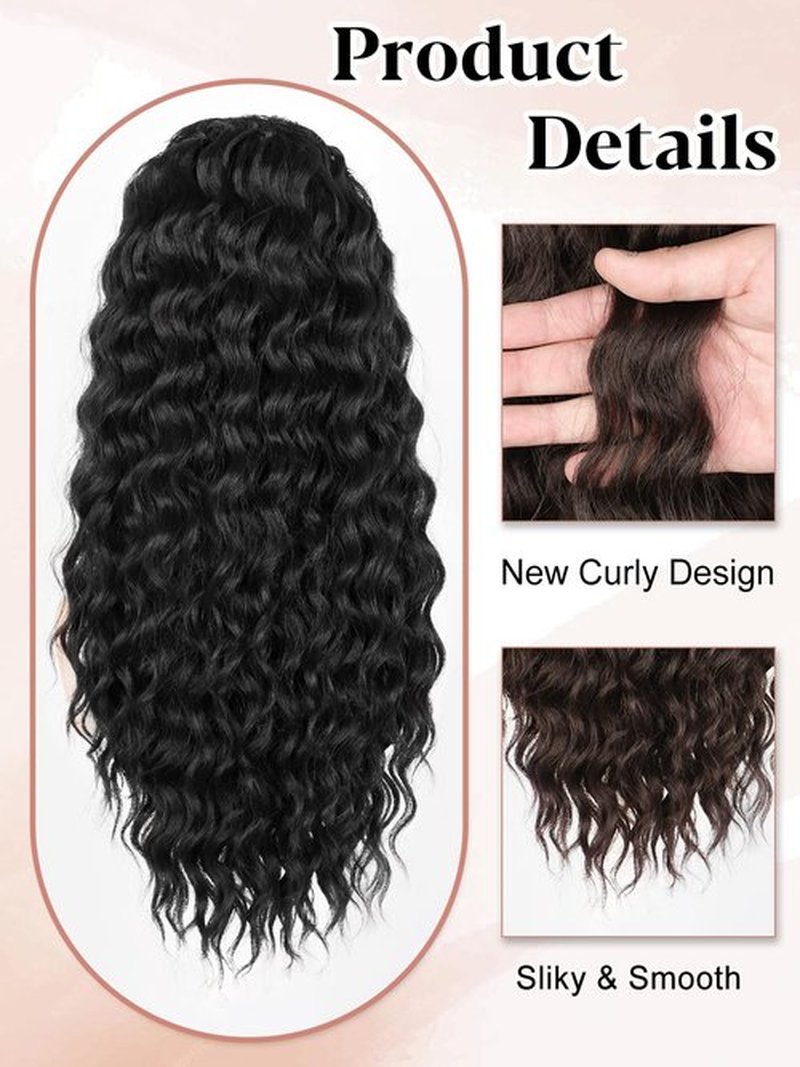 SUZYACCKR Wavy Curly Ponytail Extension, Black Short Soft Natural Synthetic Hairpiece Thick Drawstring Ponytail for Black Women For Daily Use（22 inch）