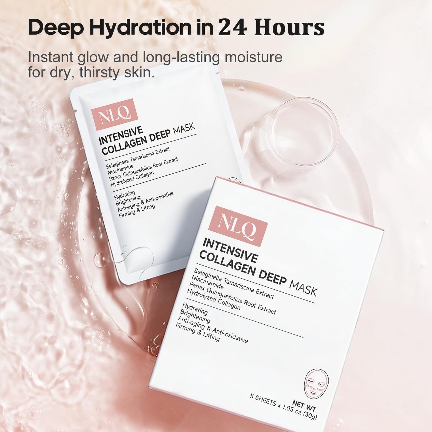 NLQ Intensive Collagen Deep Mask Skincare, Hydrating Overnight Face Mask for Glass Skin, Pore Refining, Firming & Plumping, Travel Essentials and Beauty Care Gifts for Women | 1.05oz(30g) x 5ea