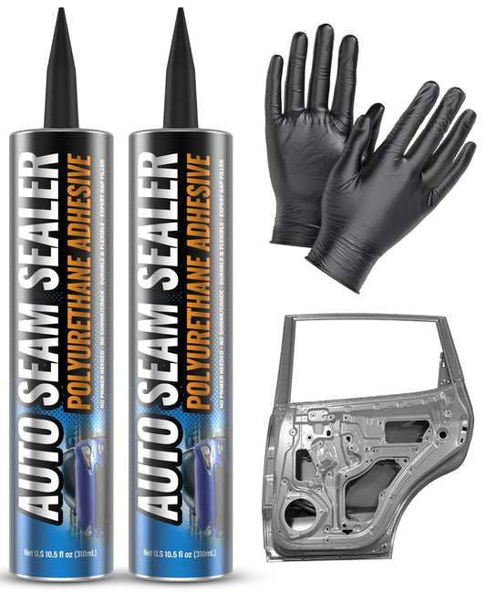 Professional Automotive Seam Sealer - Paintable Quick-Set Polyurethane for Metal Surfaces | 2 Pack, Includes Gloves & Tip - Black