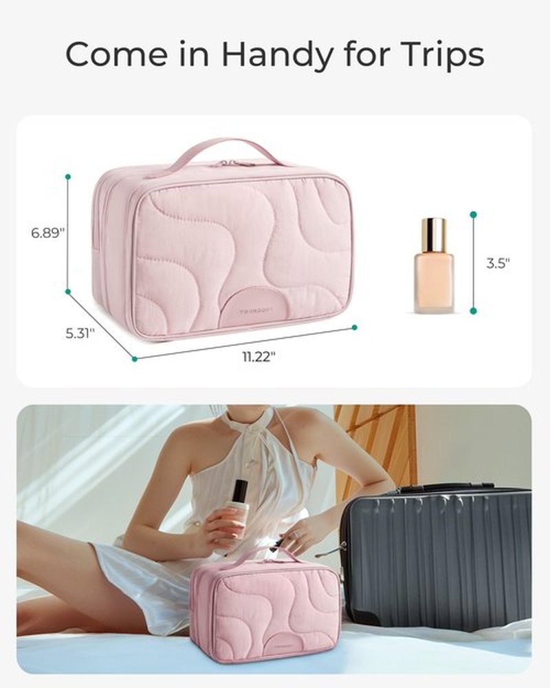 BAGSMART Travel Makeup Bag, Large Capacity Cosmetic Bags for Women, Toiletry Bag with Handle, Water-resistant Make Up Bag Travel Organizer for Accessories, Full-size Container, Toiletries, Pink