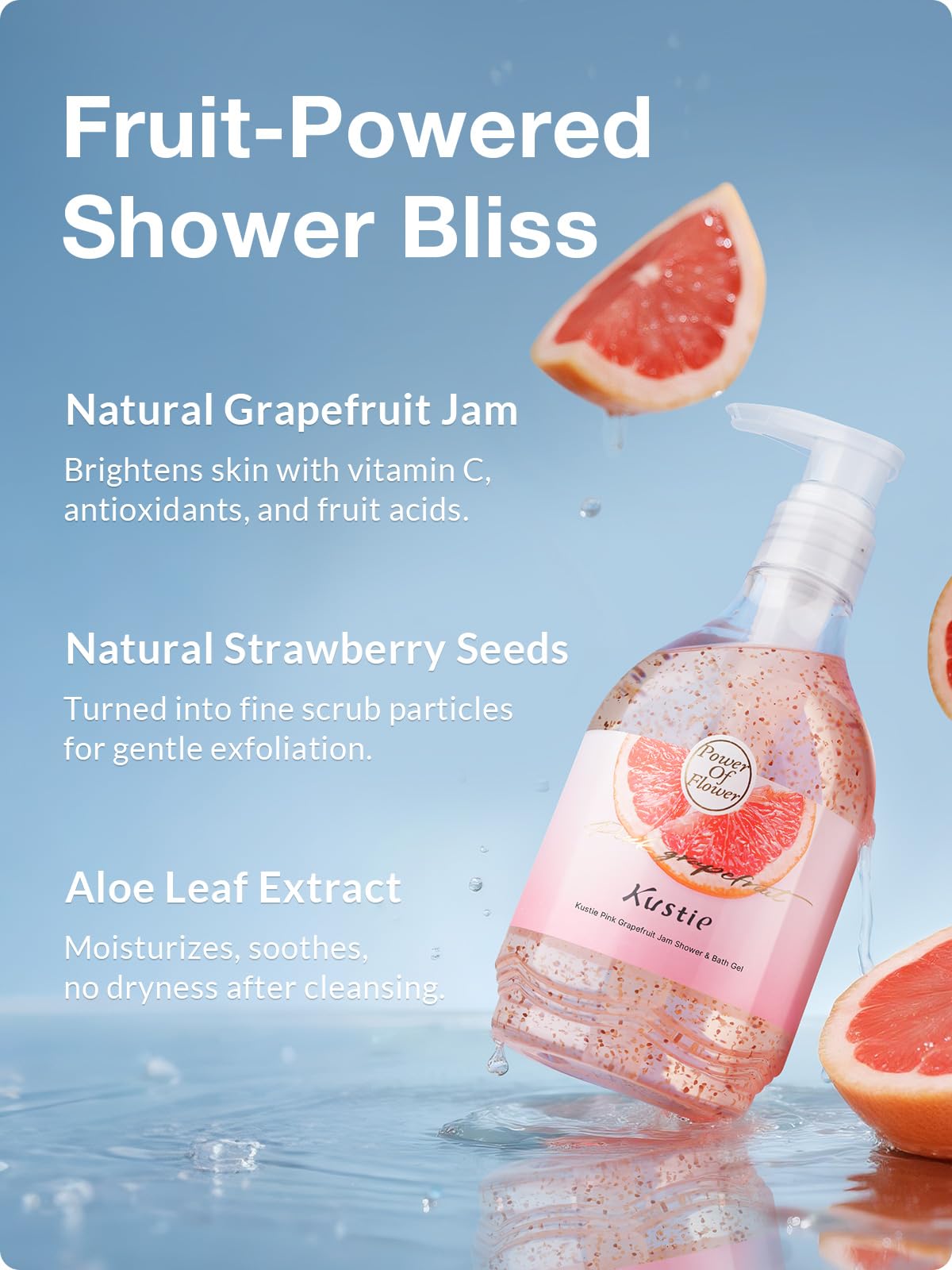 Kustie Grapefruit Body Wash – Jam Texture Exfoliating Shower Gel with Strawberry Seeds, Grapefruit Extract & Squalane, Refreshing & Moisturizing Cleanser for Dry & Sensitive Skin, 19.6 fl oz