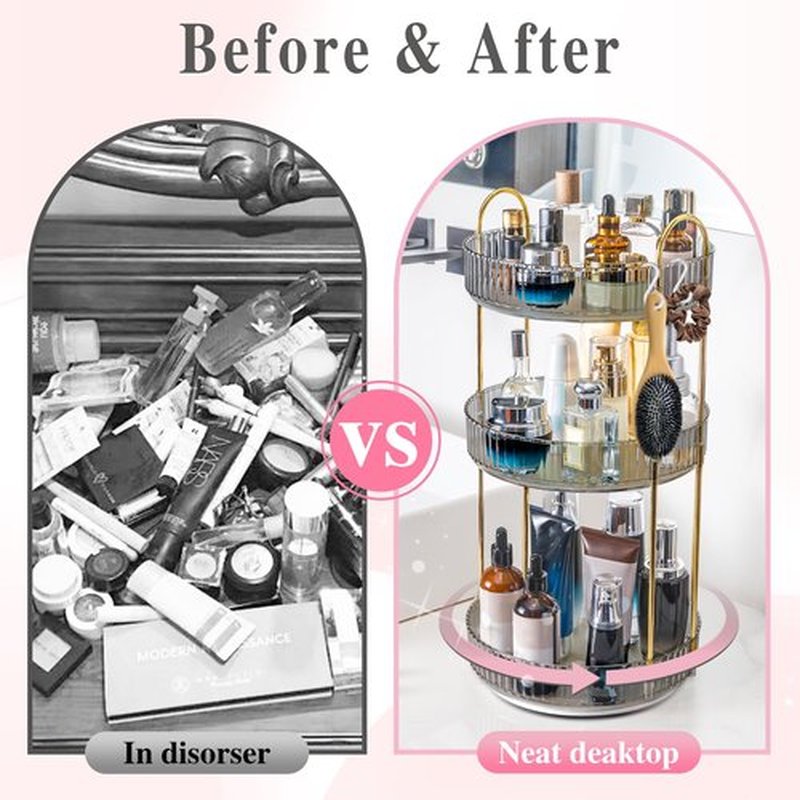 Makeup Organizer for Vanity,Rotating Bathroom Counter Organizer Skincare Makeup Storage Perfume Organizers Cosmetic Dresser Organizer Countertop Organizer with Extra Hooks DIY Stickers for Bathroom