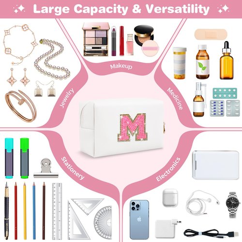 Small Personalized Initial A-Z Patch Makeup Bag,White Cute PU Leather Glitter Letter Cosmetic Bag for Teen Girls,Travel Toiletry Bag with Zipper,Preppy Monogrammed Birthday Gift for Daughter Niece M