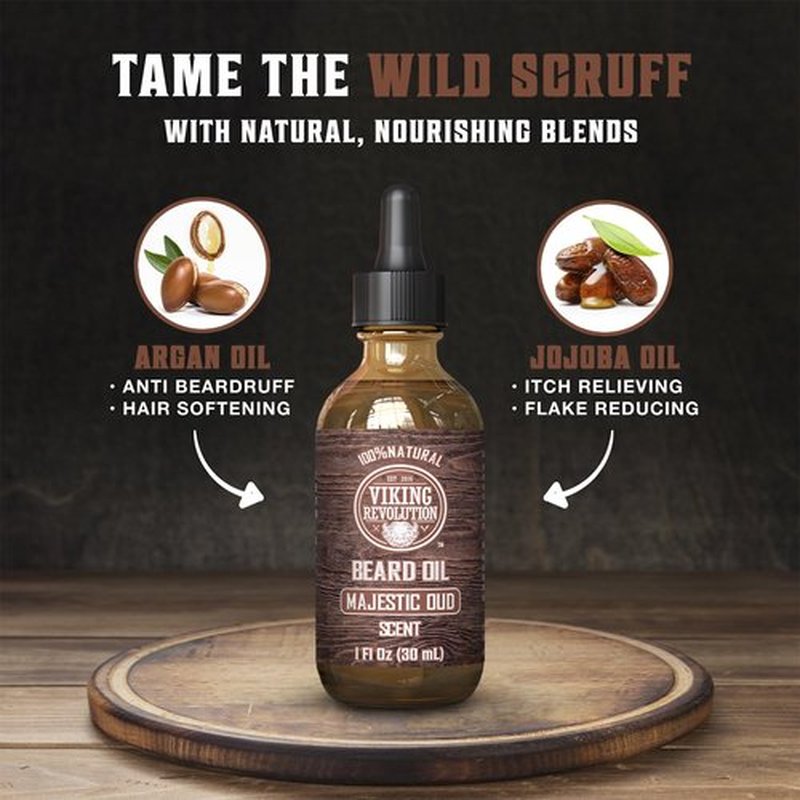 Viking Revolution Majestic Oud Beard Oil for Men - Natural Mens Beard Oil with Argan Oil and Jojoba Oil - Beard Softener, Strengthens and Moisturizes - Beard Conditioner for Men (Majestic Oud,1 Pack)