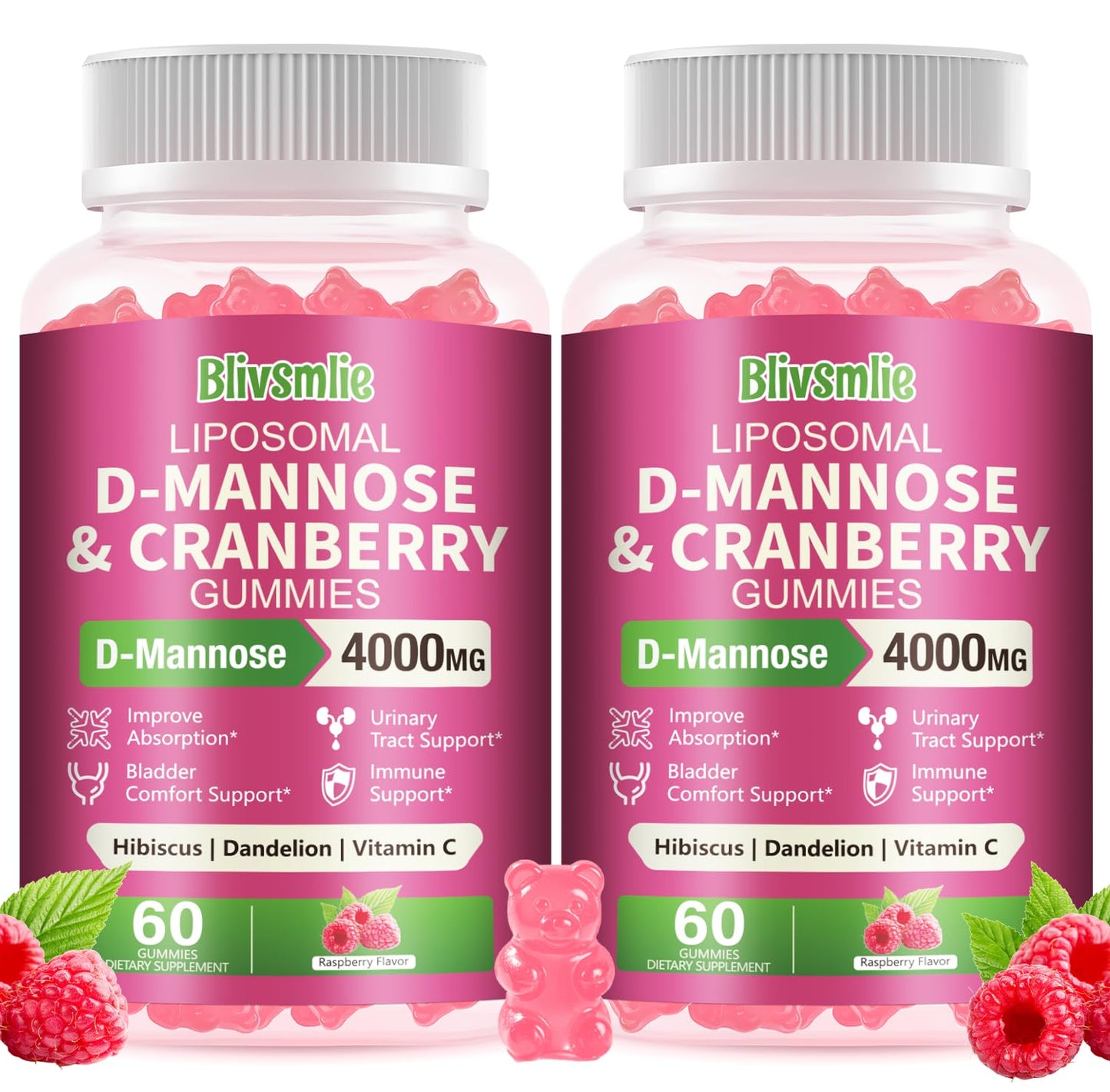 2 Pack Liposomal D-Mannose Gummies 4000mg Complex Cranberry Supplement 1500mg & Hibiscus,High-Potency Formula for Women Urinary Tract, Immune Support,Liver & Bladder Flush Cleanse Wellness Supplement