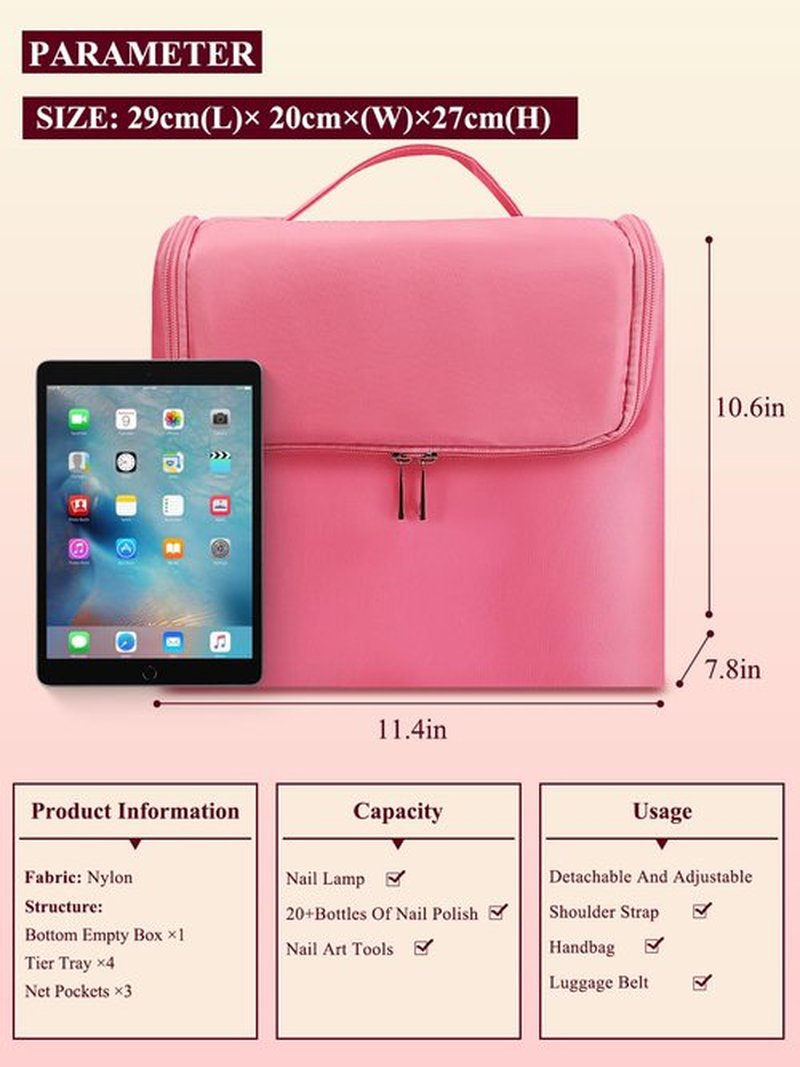 Makeup Travel Train Case, Large Pink Makeup Nail Polish Organizer Bag, 4 Tier Professional Makeup Bag Storage Box Cosmetic Train Case with Straps Pockets for Nail Tools Jewelry MakeUp Brushes