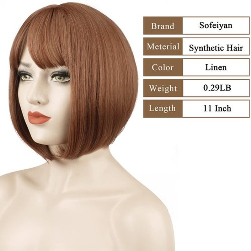 SOFEIYAN Short Straight Bob Wigs with Bangs 11 inch Synthetic Daily Party Cosplay Hair Wig for Black Women, Linen