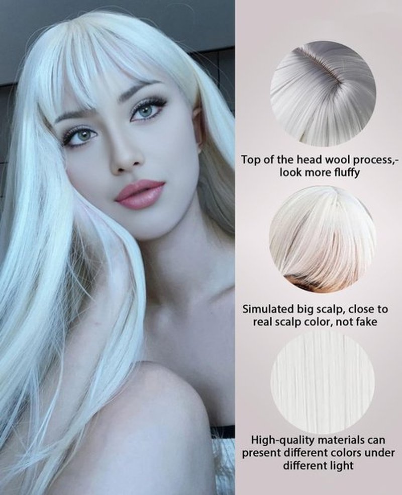 MaxlaceWig White Wig with Bangs for Women, Long 28 Inch Straight White Synthetic Bangs Wig, Natural Looking Heat Resistant Fiber Guleless Wig for Girls Daily Party Use, Halloween Wig Cosplay Wig