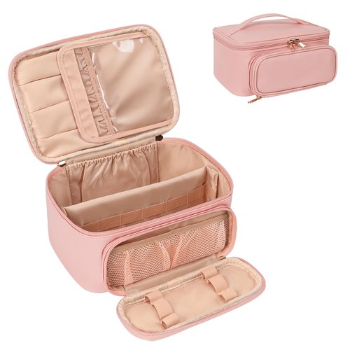 OCHEAL Makeup Bag, Multifunctional Make Up Bags Large Compact Makeup Bag Organizer Cosmetics Toiletry Brushes Storage Case for Women Girls Makeup Case with Handle Divider-Pink