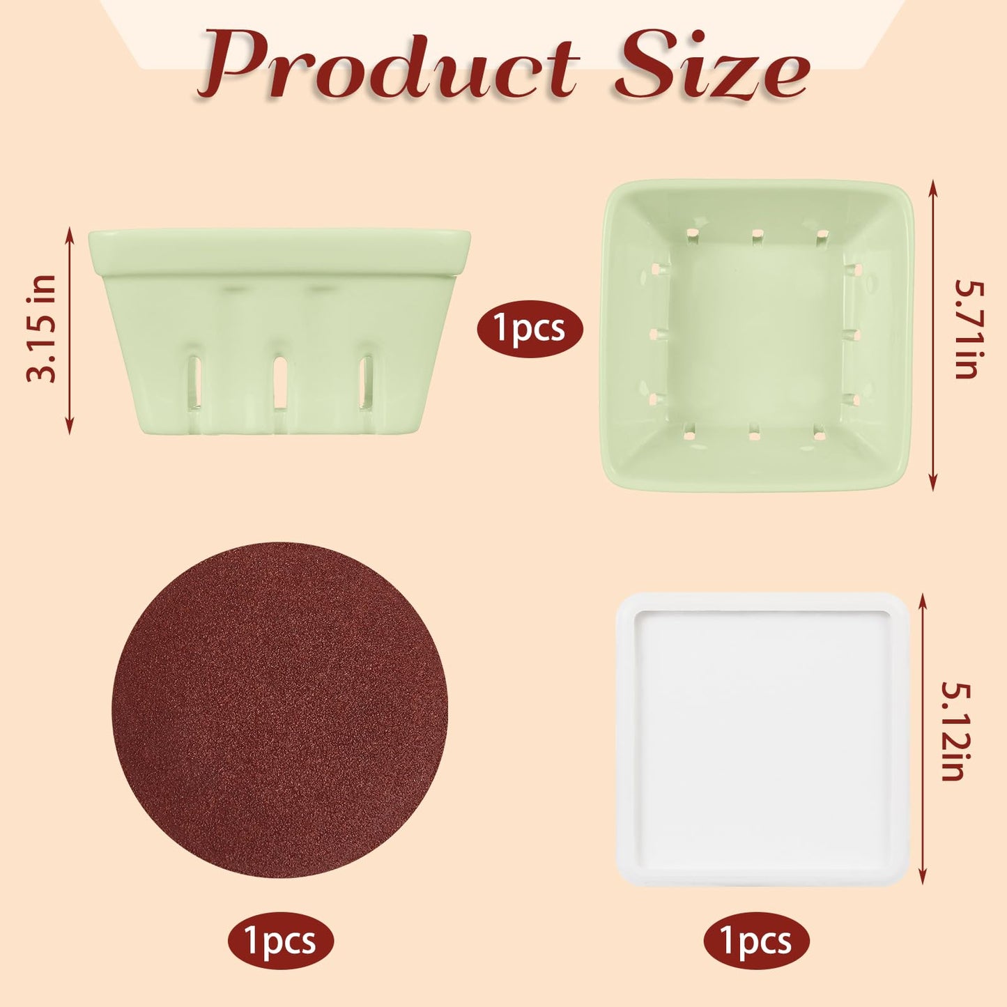 LemonRoad 3 Pcs Ceramic Berry Basket, 5.7" Square Fruit Bowl Colander Container with 1 Coaster 1 Sandpaper for Strawberry Grape Farmhouse Kitchen Decor, Summer BBQ Party Supplies(Light Green)