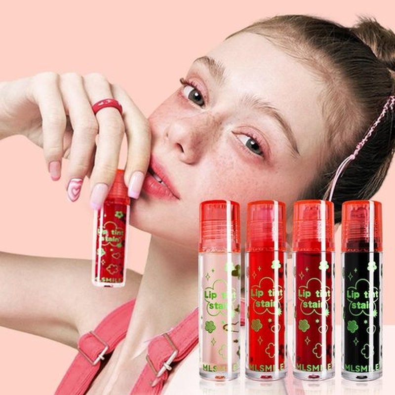 4 Colors Lip Tint Stain Set,Plumping Lip Tint,Watery Lip Stain Moisturizing Mini Liquid Lipstick,Long-Lasting&Non-Stick Cup,Multi-Use Lip and Cheek Tint Stain(Set B)