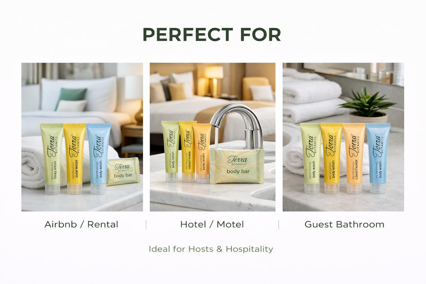Terra Botanics Hotel Amenities Kit – 300 Piece Set (60 Each) – Shampoo, Conditioner, Body Wash, Lotion & Body Bar – Bulk Guest Toiletries for Hotels, Airbnb, Vacation Rentals