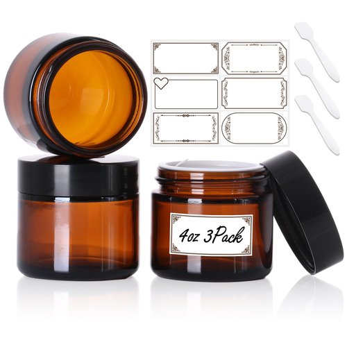 3 Pack 4 oz Amber Glass Jars with lids, Cosmetic Jars with Inner Liners and Black Lids, Lotion Jars, Candle Making Jars for Lotions, Scrubs and Cosmetic, Lables and Spatulas Include