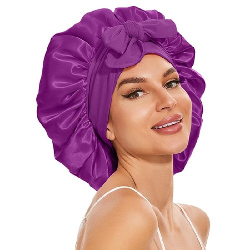 Satin Bonnet for Sleeping, Silk Bonnet for Sleeping Women, Double-layer Satin Bonnet with Tie Band Purple