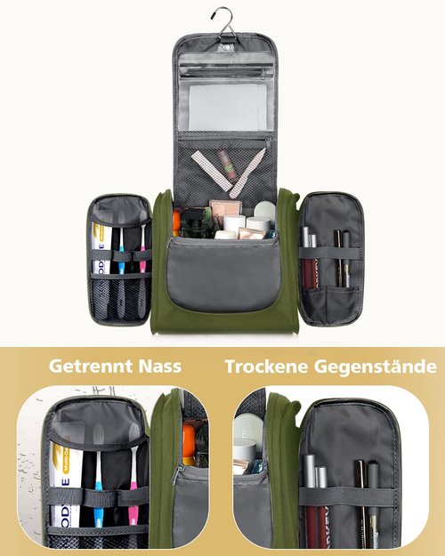 MULISOFT Toiletry Bag for Men and Women, Hanging Travel Toiletry Bag with Large Capacity, Water-resistant Makeup Bag with 16 Compartments for Toiletries and Cosmetics, Dopp Kit Shaving Bag, Green